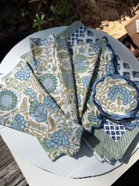 Block print Floral Blue & Green Cotton placemats napkins, coasters